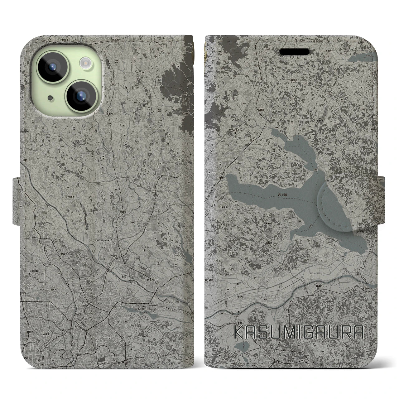 【霞ヶ浦(茨城県)】地図柄iPhoneケース(手帳タイプ)モノトーン・iPhone 15 用