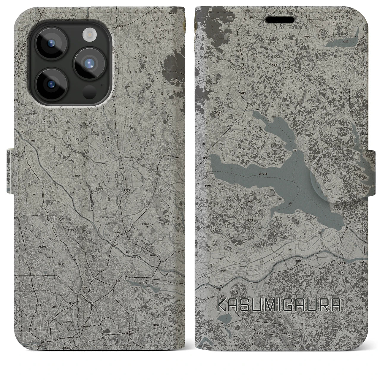 【霞ヶ浦(茨城県)】地図柄iPhoneケース(手帳タイプ)モノトーン・iPhone 15 Pro Max 用