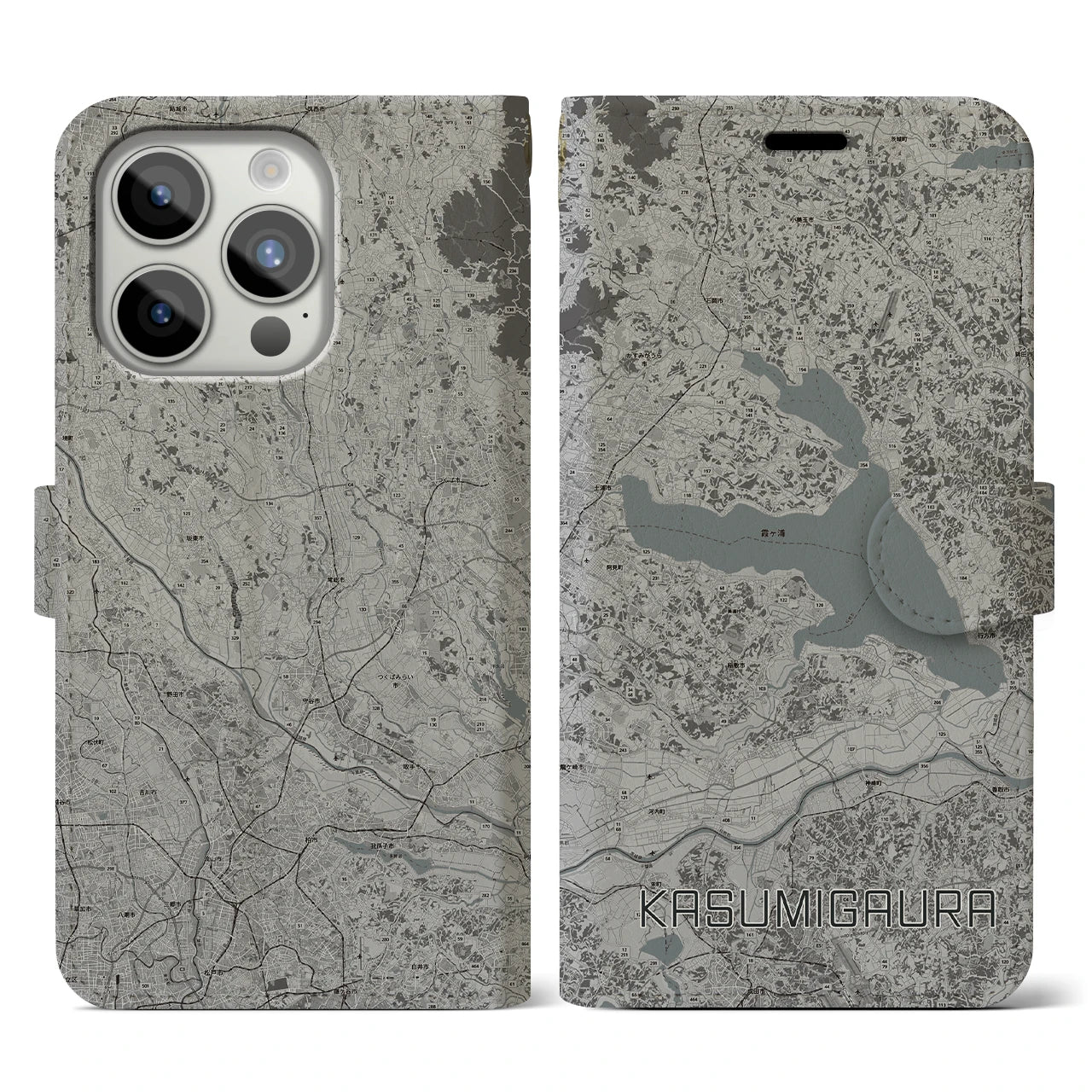 【霞ヶ浦(茨城県)】地図柄iPhoneケース(手帳タイプ)モノトーン・iPhone 15 Pro 用
