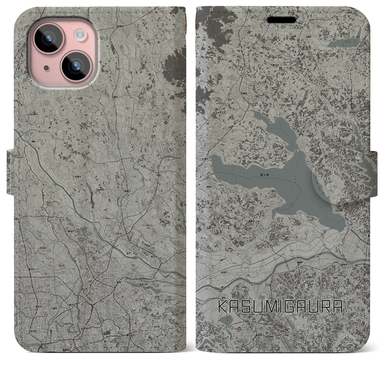 【霞ヶ浦(茨城県)】地図柄iPhoneケース(手帳タイプ)モノトーン・iPhone 15 Plus 用