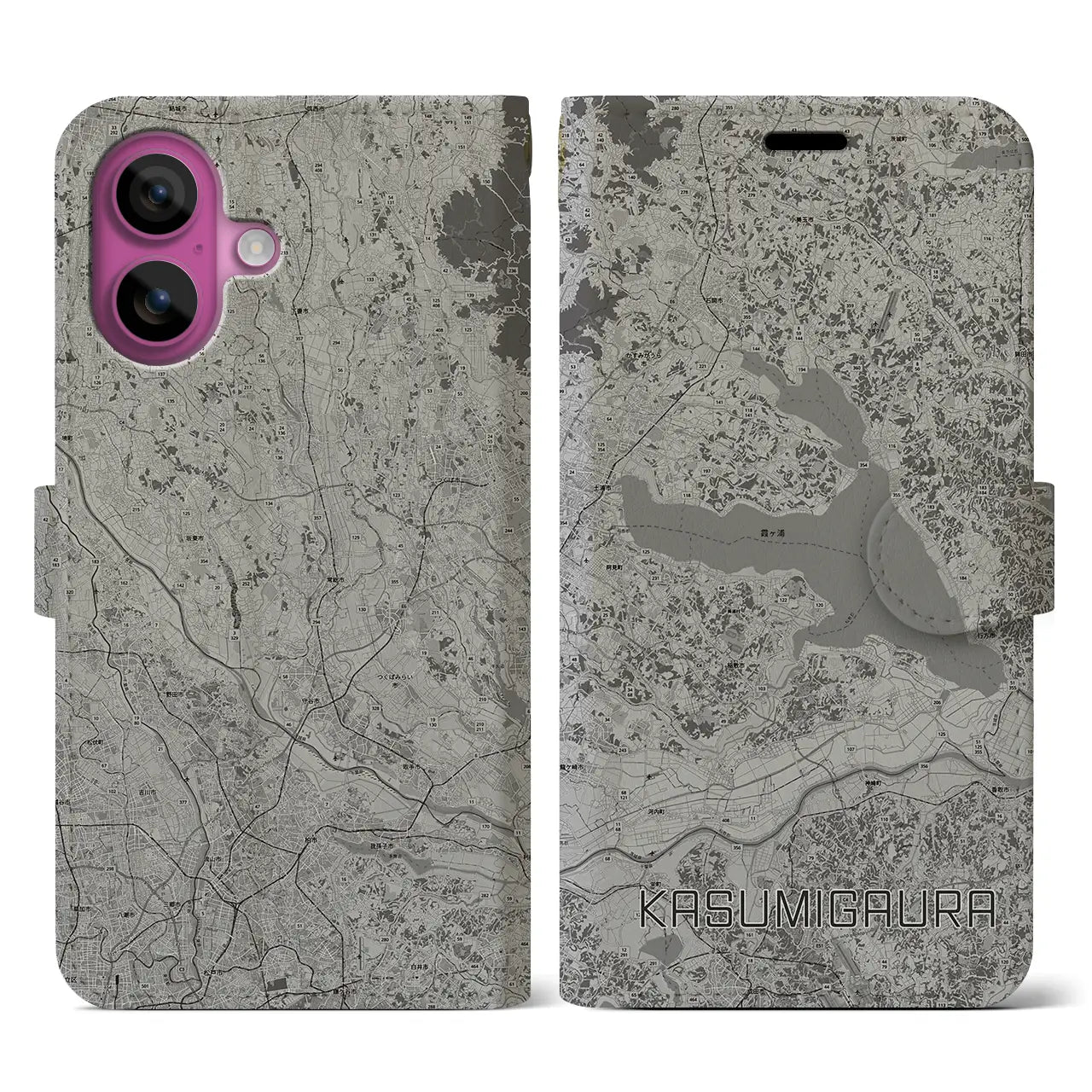 【霞ヶ浦(茨城県)】地図柄iPhoneケース(手帳タイプ)モノトーン・iPhone 16 Pro 用