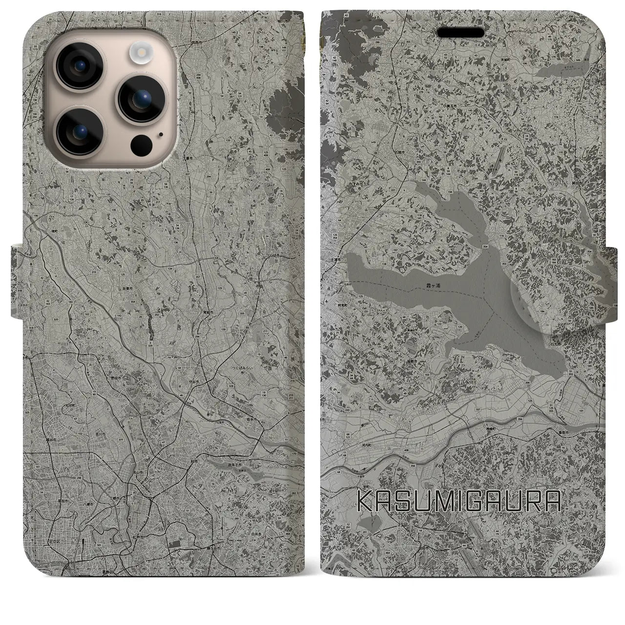 【霞ヶ浦(茨城県)】地図柄iPhoneケース(手帳タイプ)モノトーン・iPhone 16 Plus 用