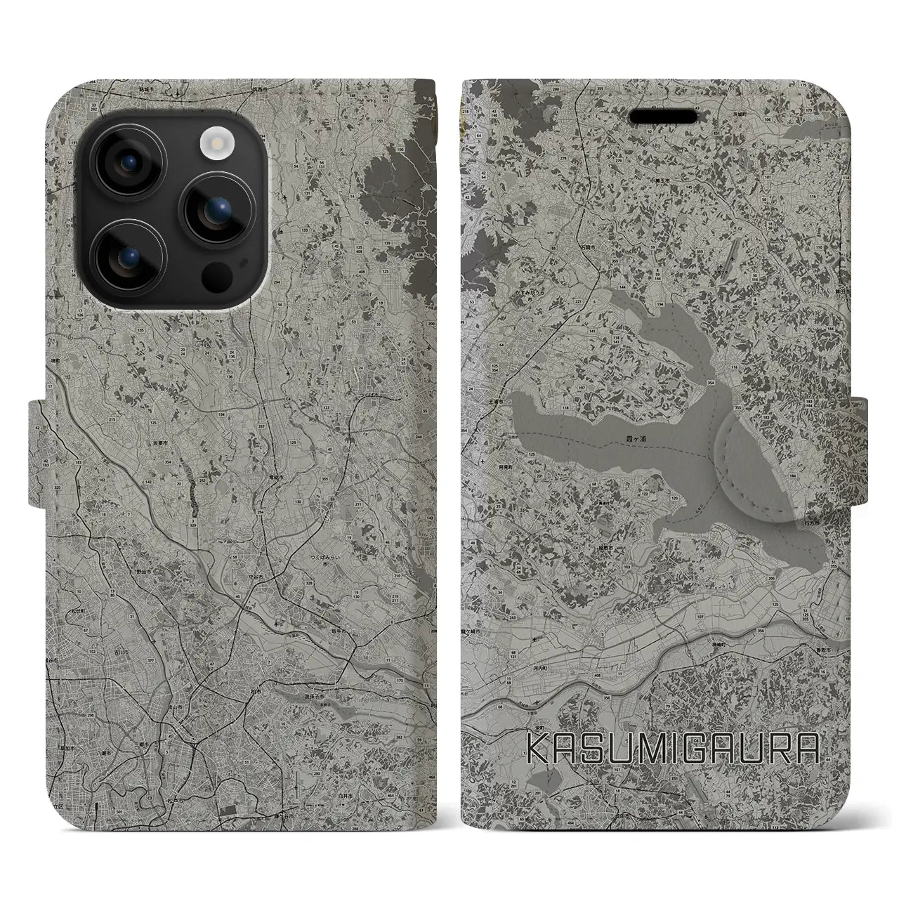 【霞ヶ浦(茨城県)】地図柄iPhoneケース(手帳タイプ)モノトーン・iPhone 16 用