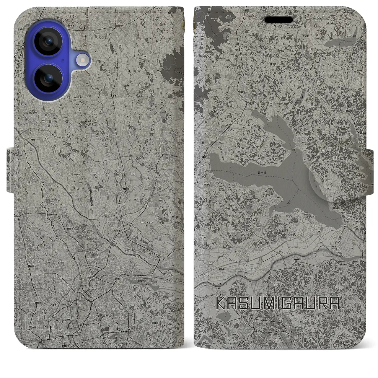 【霞ヶ浦(茨城県)】地図柄iPhoneケース(手帳タイプ)モノトーン・iPhone 16 Pro Max 用