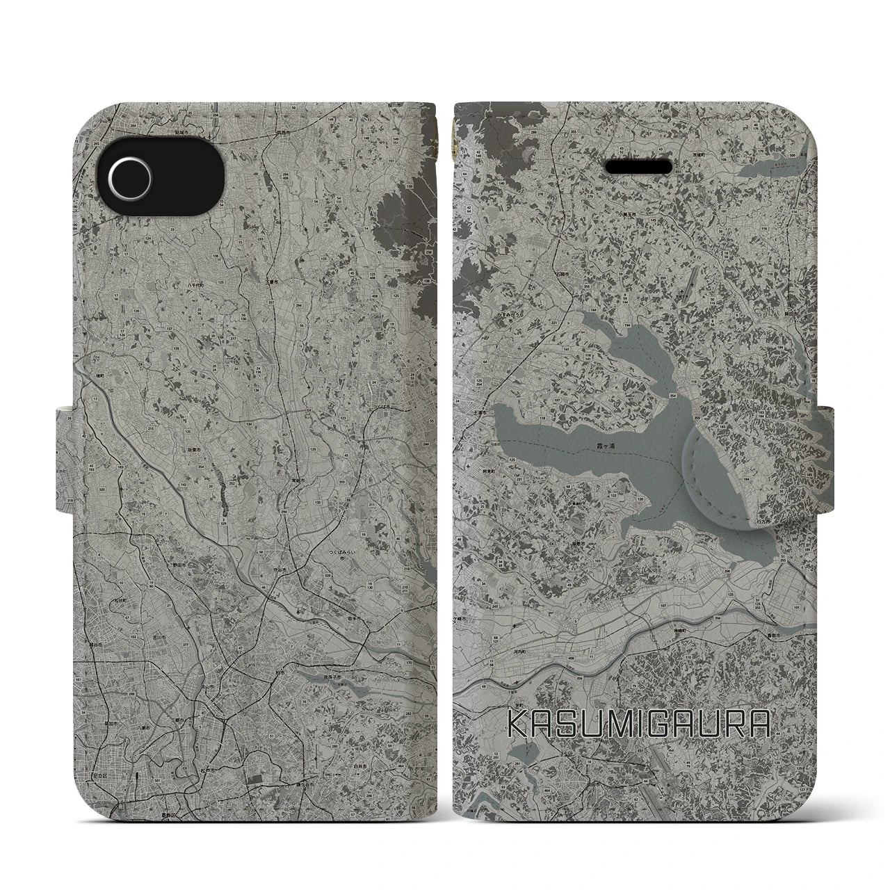 【霞ヶ浦(茨城県)】地図柄iPhoneケース(手帳タイプ)モノトーン・iPhone SE(第3 / 第2世代) / 8 / 7 / 6s / 6 用