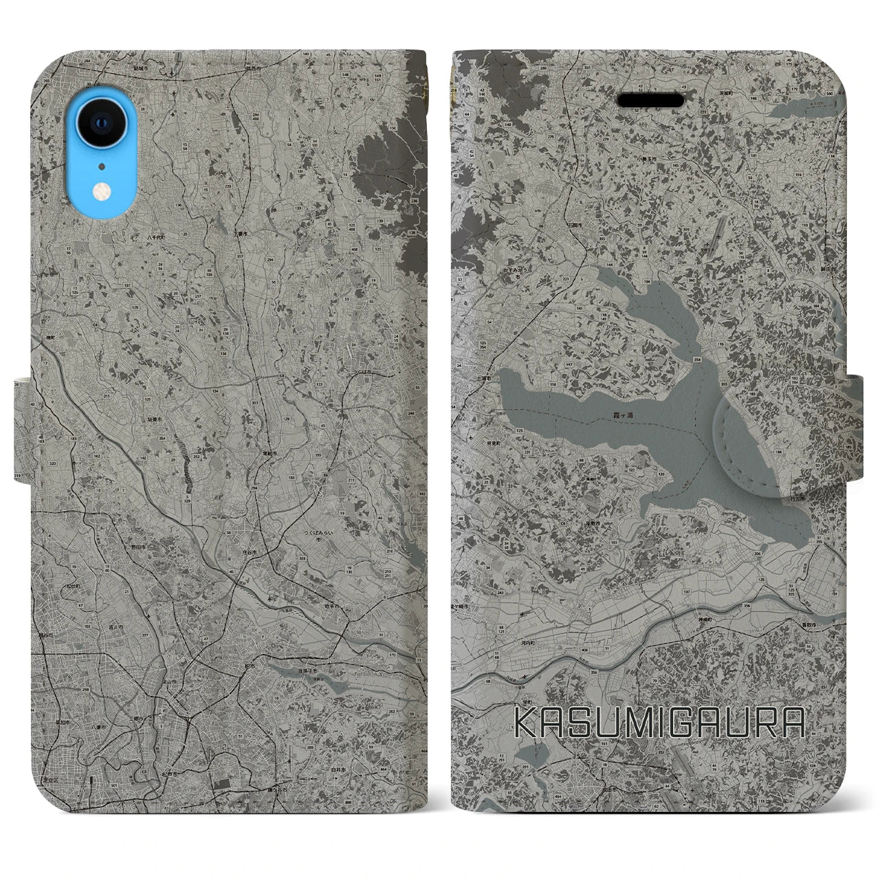 【霞ヶ浦(茨城県)】地図柄iPhoneケース(手帳タイプ)モノトーン・iPhone XR 用