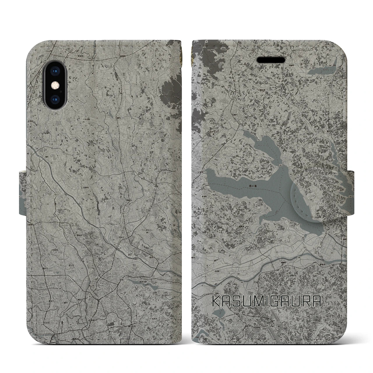 【霞ヶ浦(茨城県)】地図柄iPhoneケース(手帳タイプ)モノトーン・iPhone XS / X 用