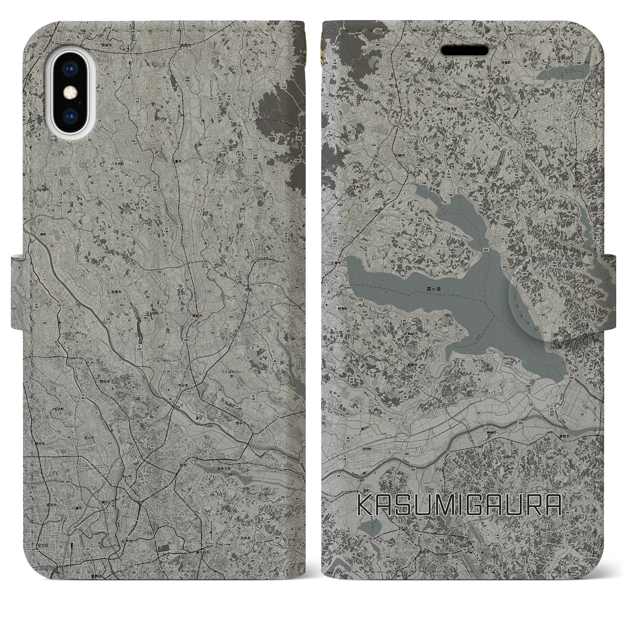 【霞ヶ浦(茨城県)】地図柄iPhoneケース(手帳タイプ)モノトーン・iPhone XS Max 用
