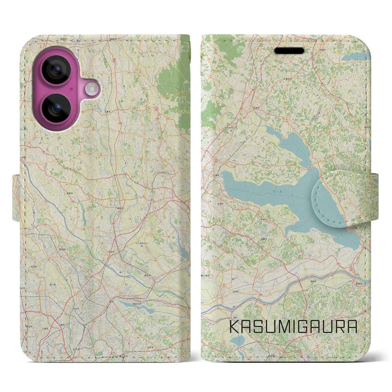 【霞ヶ浦(茨城県)】地図柄iPhoneケース(手帳タイプ)ナチュラル・iPhone 16 Pro 用