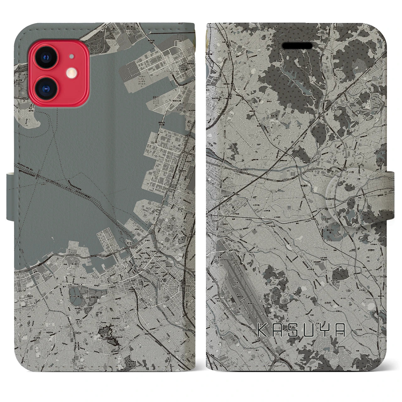 【粕屋(福岡県)】地図柄iPhoneケース(手帳タイプ)モノトーン・iPhone 11 用