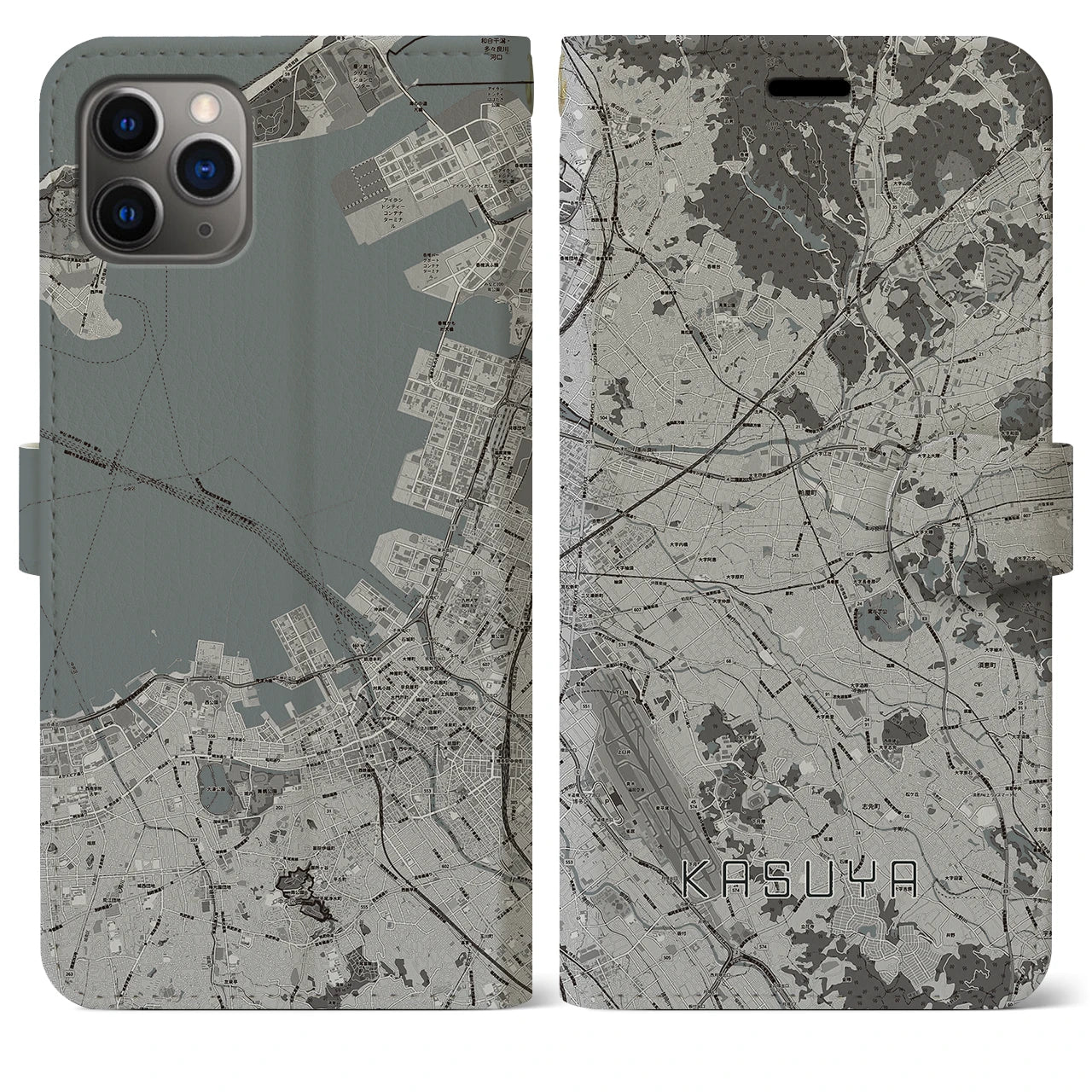 【粕屋(福岡県)】地図柄iPhoneケース(手帳タイプ)モノトーン・iPhone 11 Pro Max 用