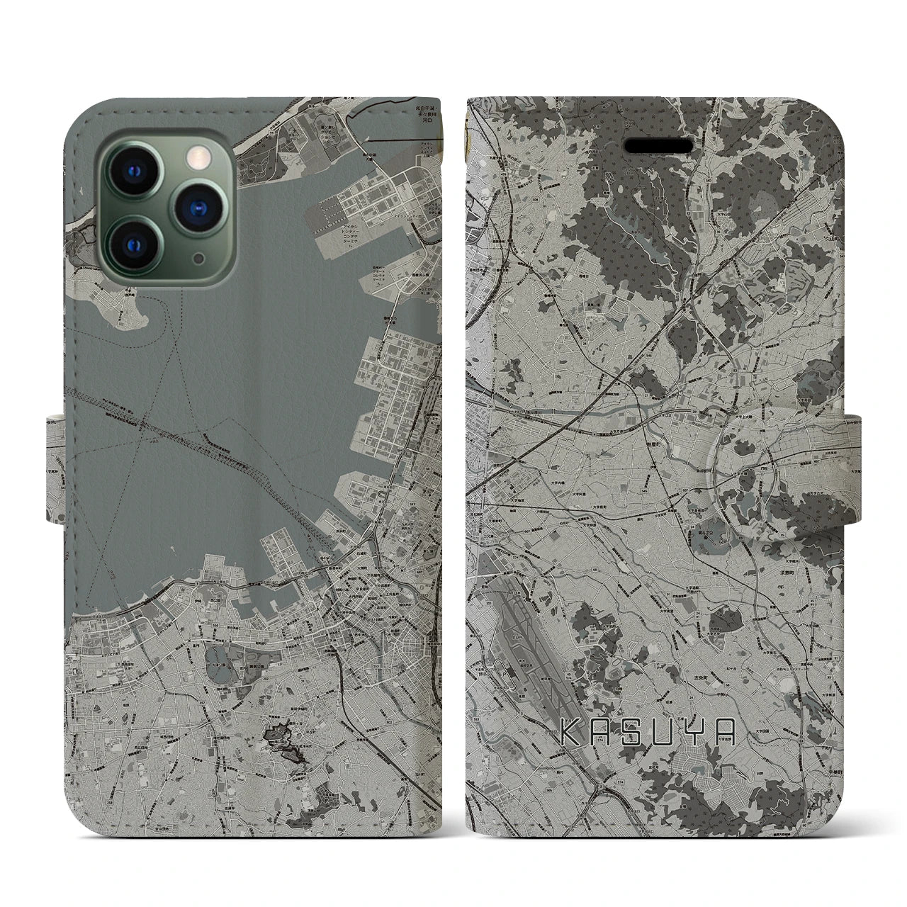 【粕屋(福岡県)】地図柄iPhoneケース(手帳タイプ)モノトーン・iPhone 11 Pro 用