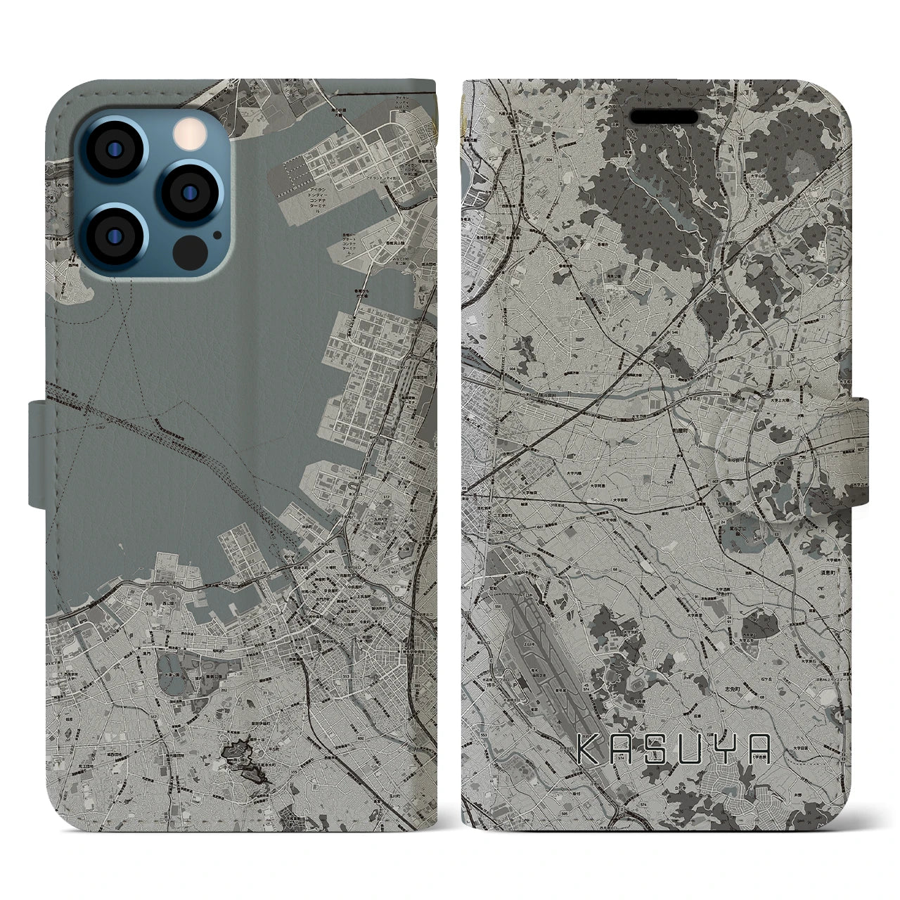【粕屋(福岡県)】地図柄iPhoneケース(手帳タイプ)モノトーン・iPhone 12 / 12 Pro 用