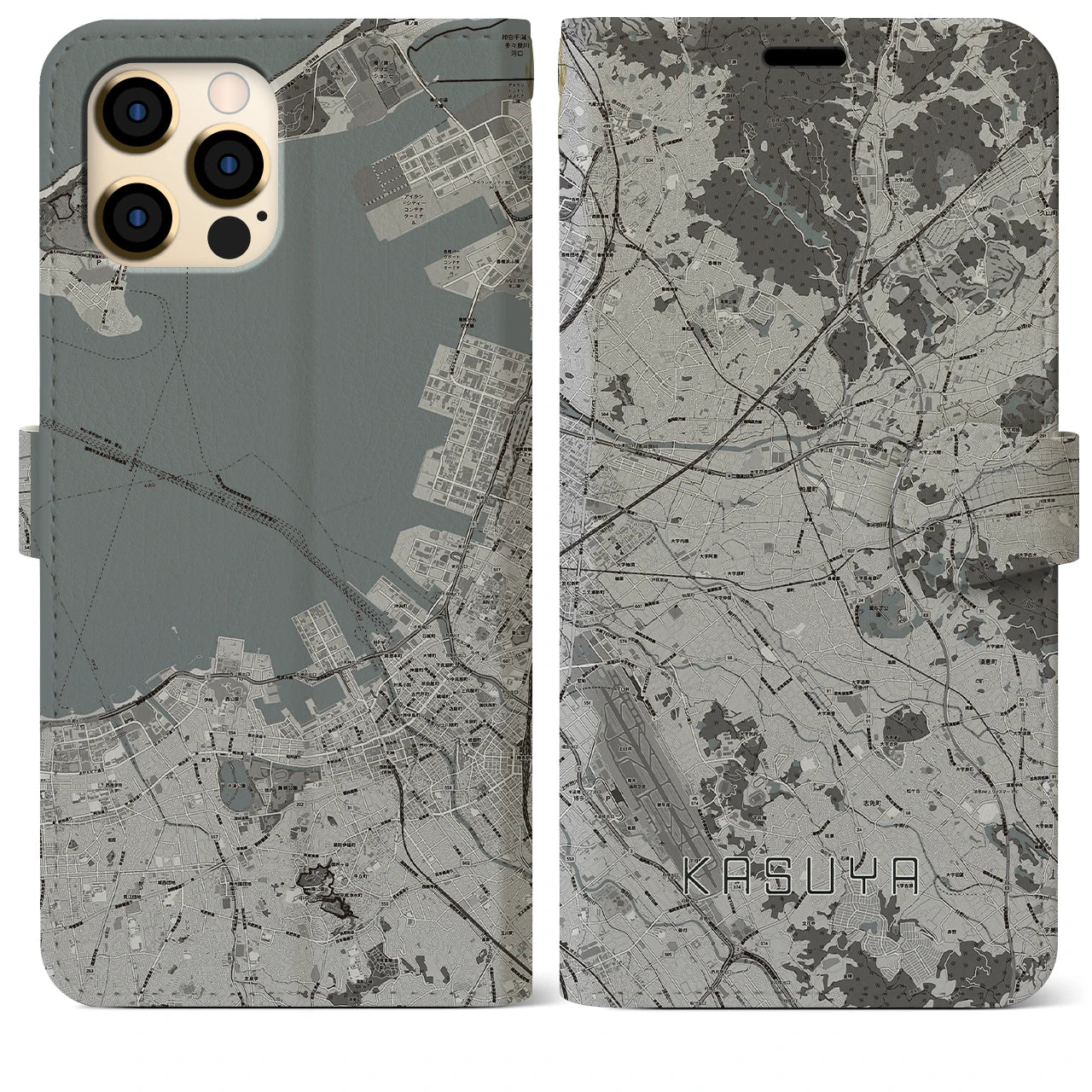 【粕屋(福岡県)】地図柄iPhoneケース(手帳タイプ)モノトーン・iPhone 12 Pro Max 用