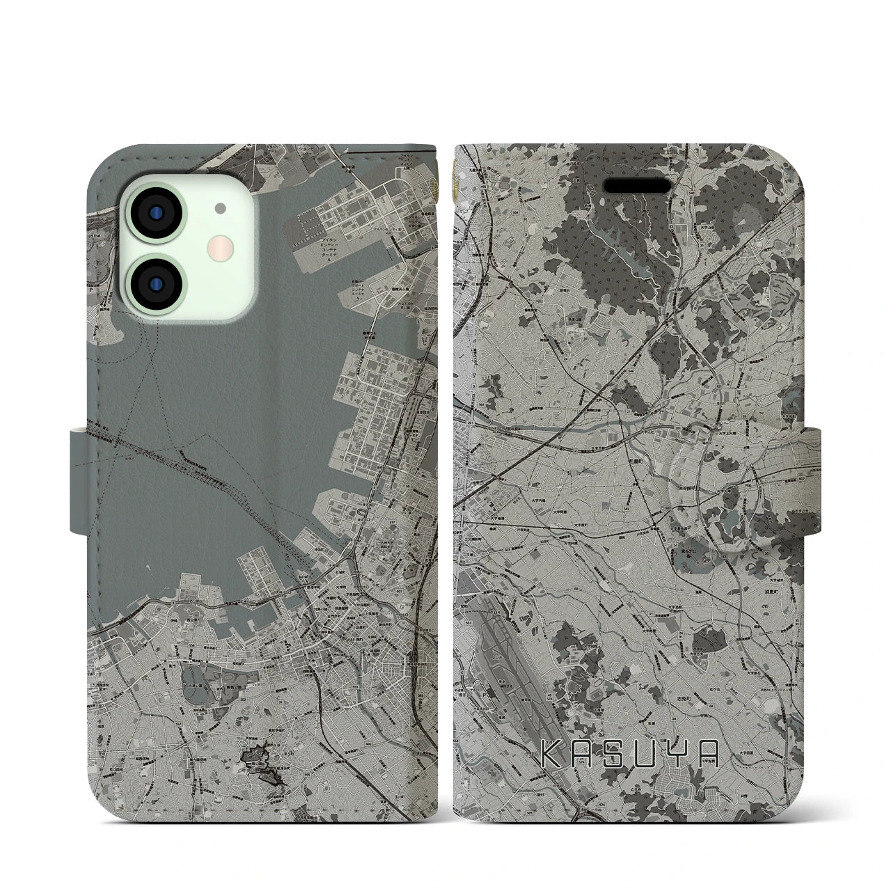 【粕屋(福岡県)】地図柄iPhoneケース(手帳タイプ)モノトーン・iPhone 12 mini 用