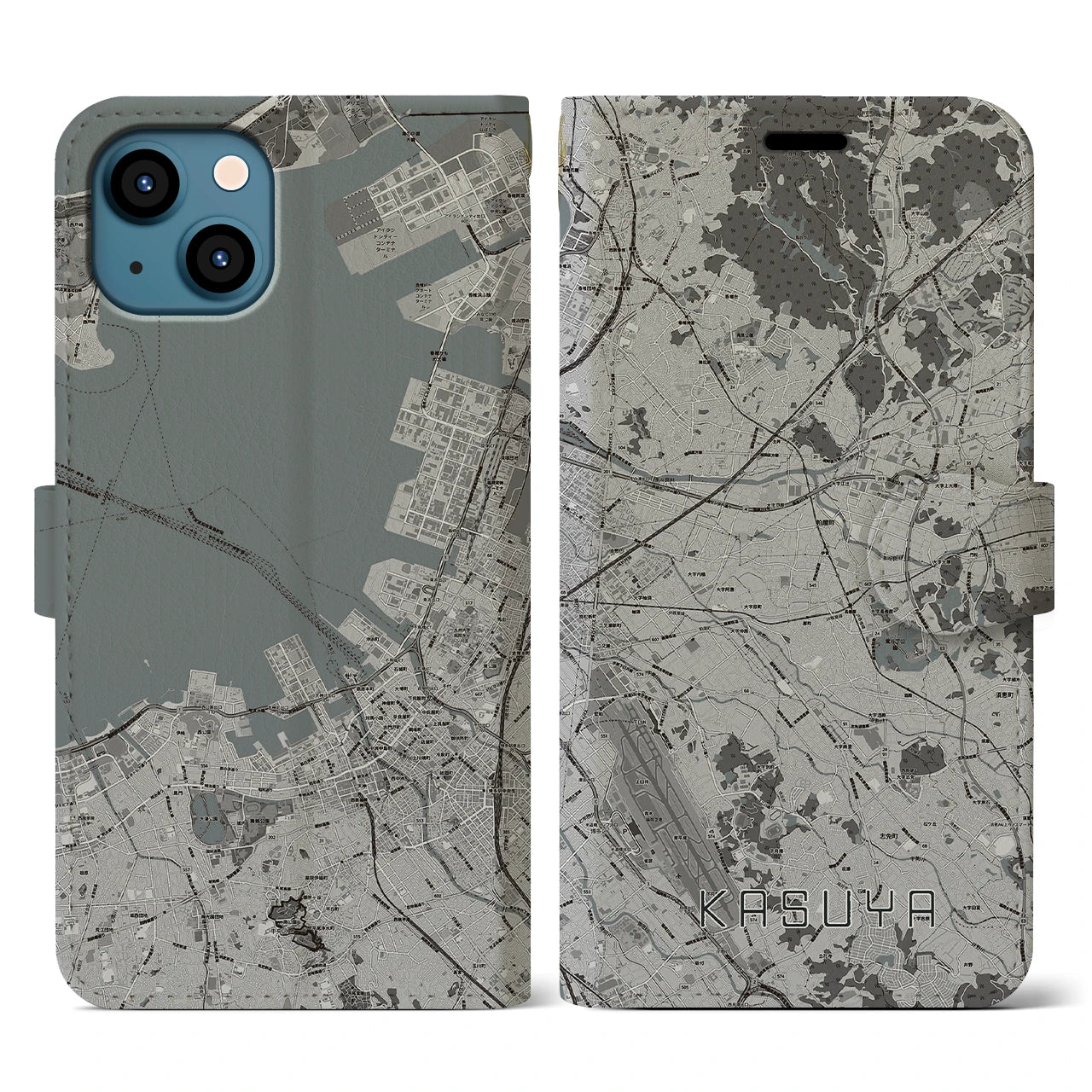 【粕屋(福岡県)】地図柄iPhoneケース(手帳タイプ)モノトーン・iPhone 13 用