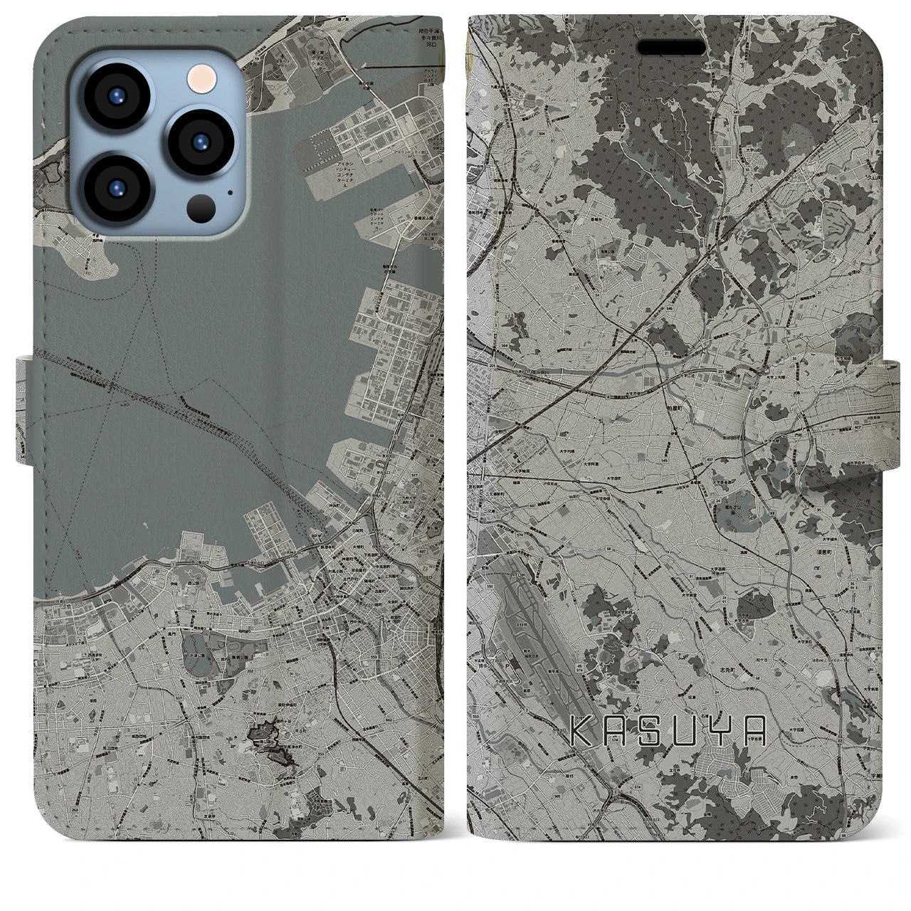 【粕屋(福岡県)】地図柄iPhoneケース(手帳タイプ)モノトーン・iPhone 13 Pro Max 用
