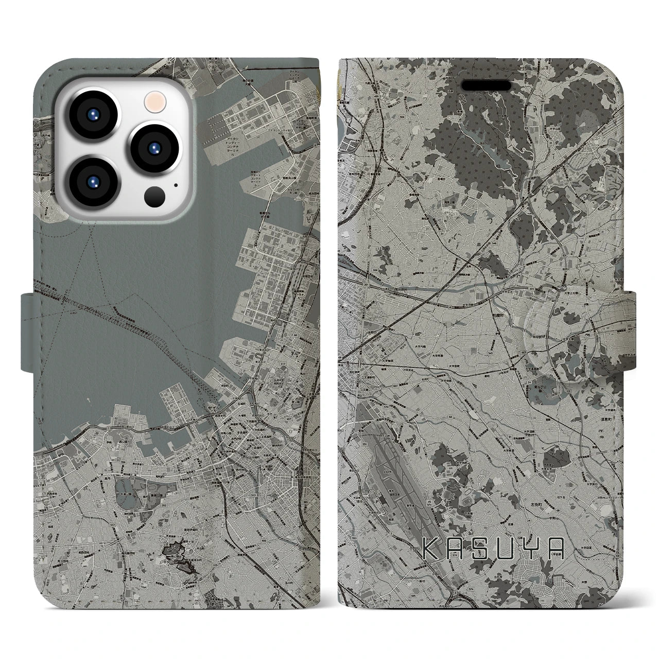 【粕屋(福岡県)】地図柄iPhoneケース(手帳タイプ)モノトーン・iPhone 13 Pro 用