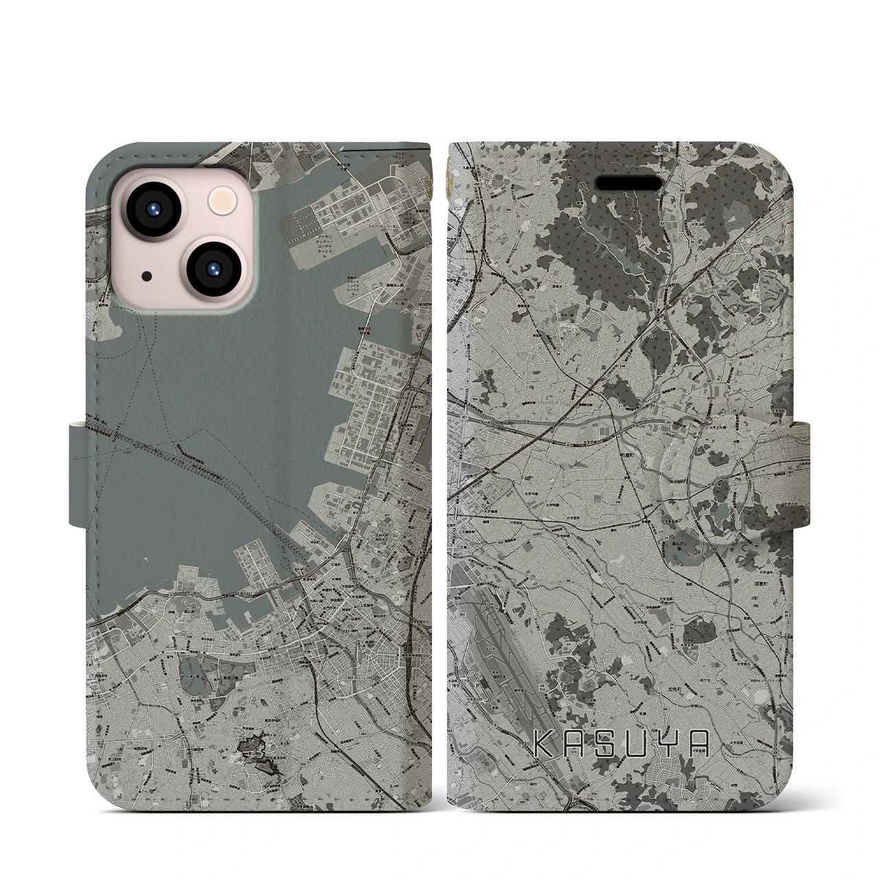 【粕屋(福岡県)】地図柄iPhoneケース(手帳タイプ)モノトーン・iPhone 13 mini 用