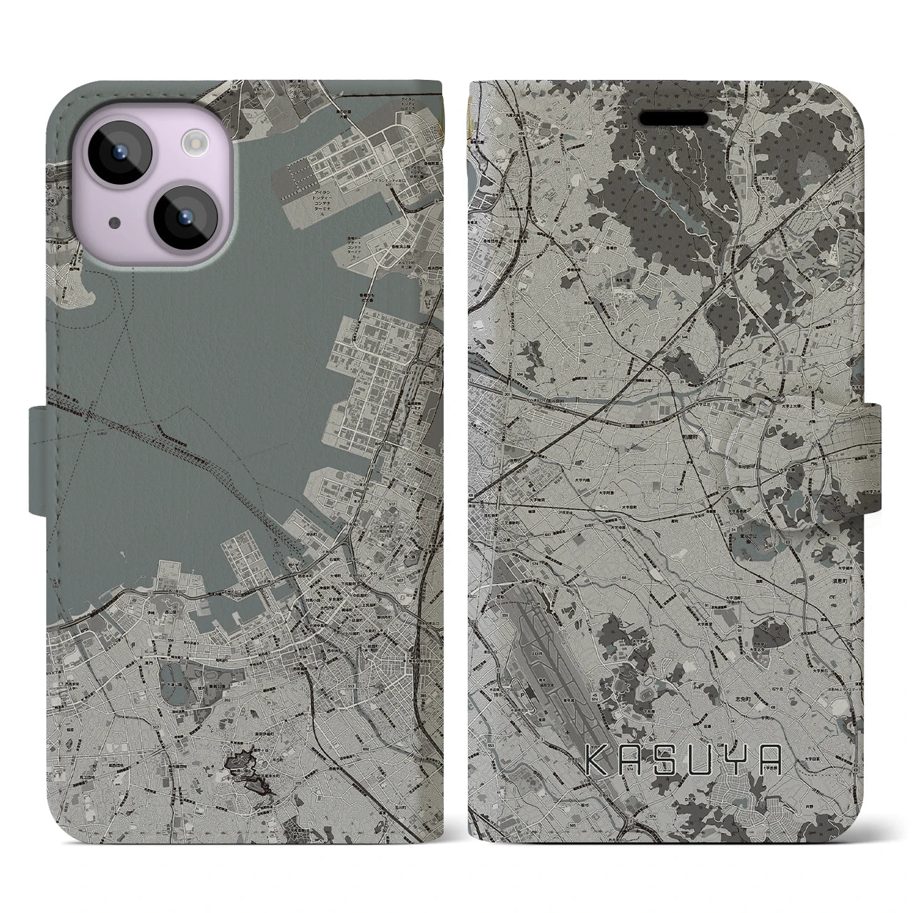 【粕屋(福岡県)】地図柄iPhoneケース(手帳タイプ)モノトーン・iPhone 14 用