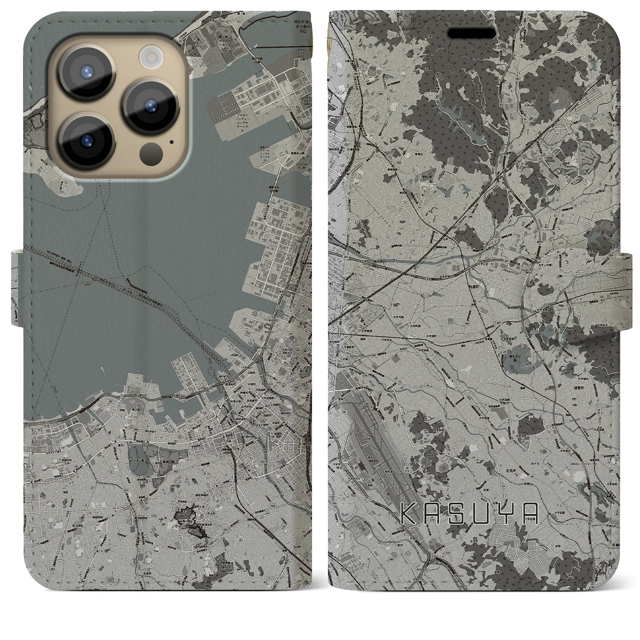 【粕屋(福岡県)】地図柄iPhoneケース(手帳タイプ)モノトーン・iPhone 14 Pro Max 用
