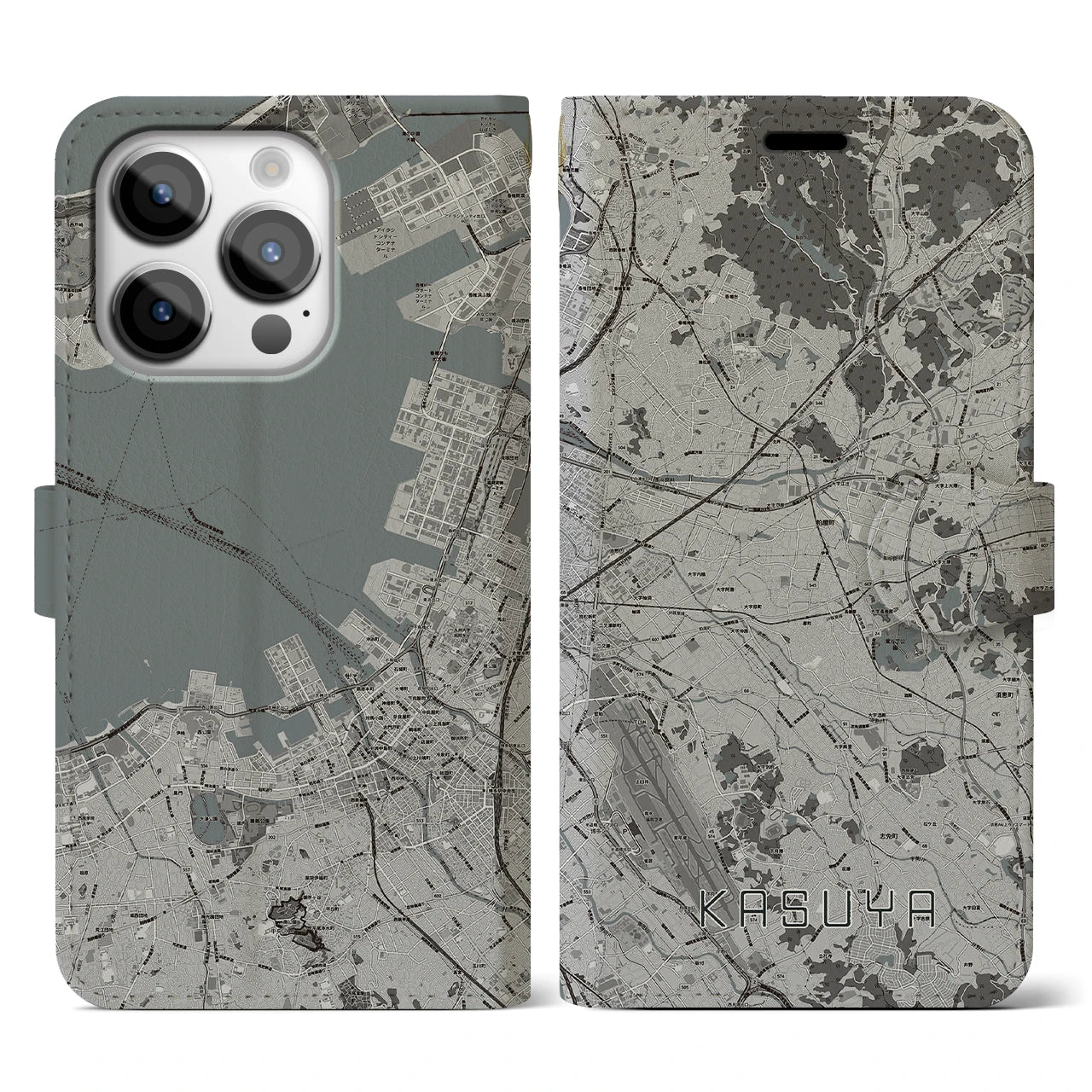 【粕屋(福岡県)】地図柄iPhoneケース(手帳タイプ)モノトーン・iPhone 14 Pro 用