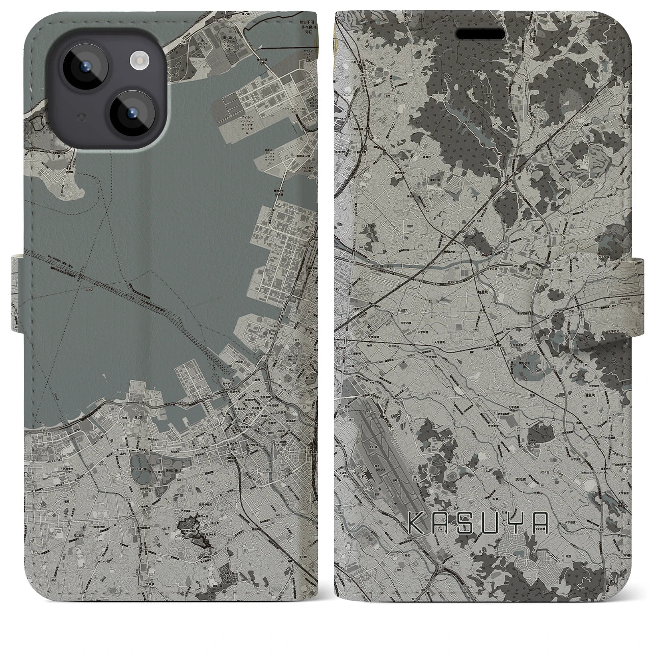 【粕屋(福岡県)】地図柄iPhoneケース(手帳タイプ)モノトーン・iPhone 14 Plus 用