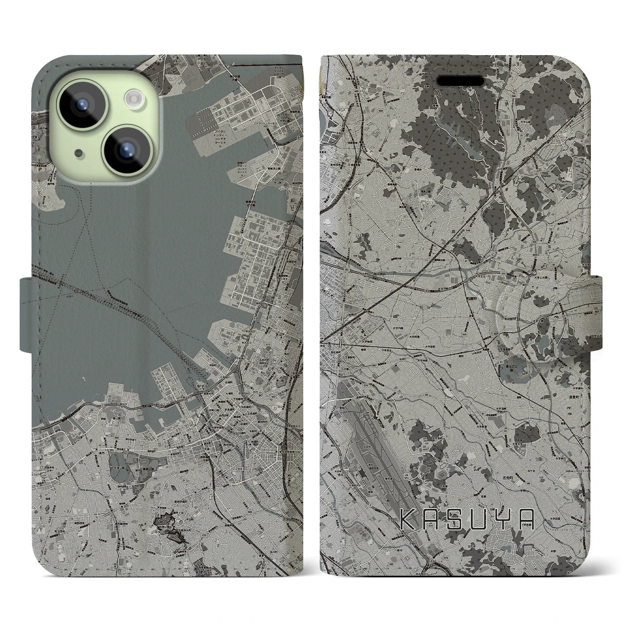 【粕屋(福岡県)】地図柄iPhoneケース(手帳タイプ)モノトーン・iPhone 15 用