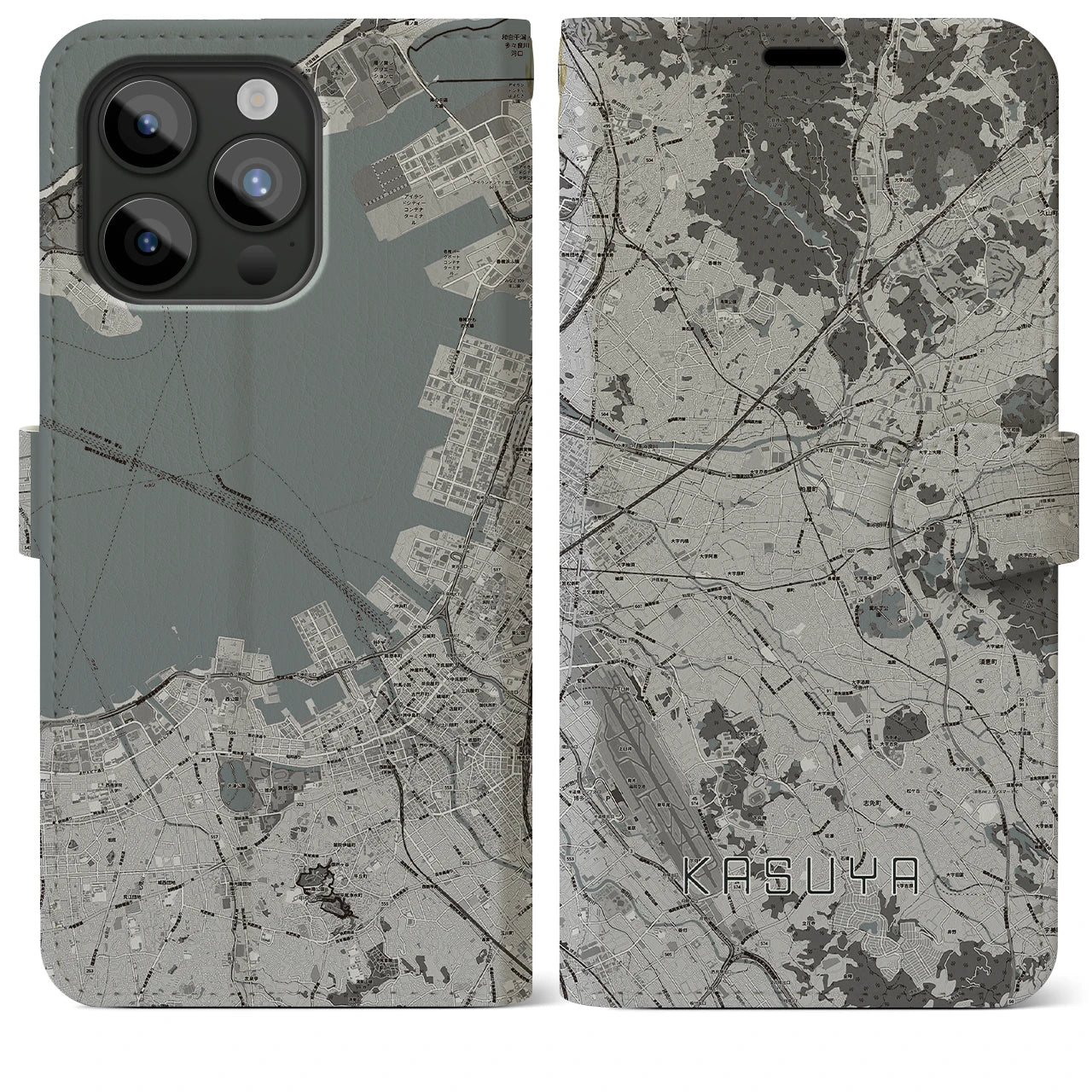 【粕屋(福岡県)】地図柄iPhoneケース(手帳タイプ)モノトーン・iPhone 15 Pro Max 用