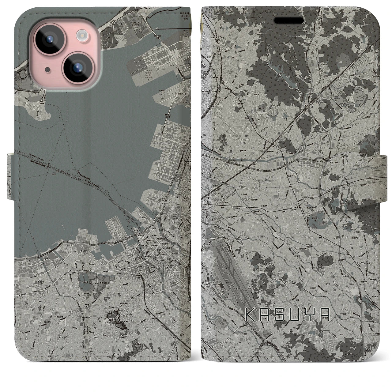 【粕屋(福岡県)】地図柄iPhoneケース(手帳タイプ)モノトーン・iPhone 15 Plus 用