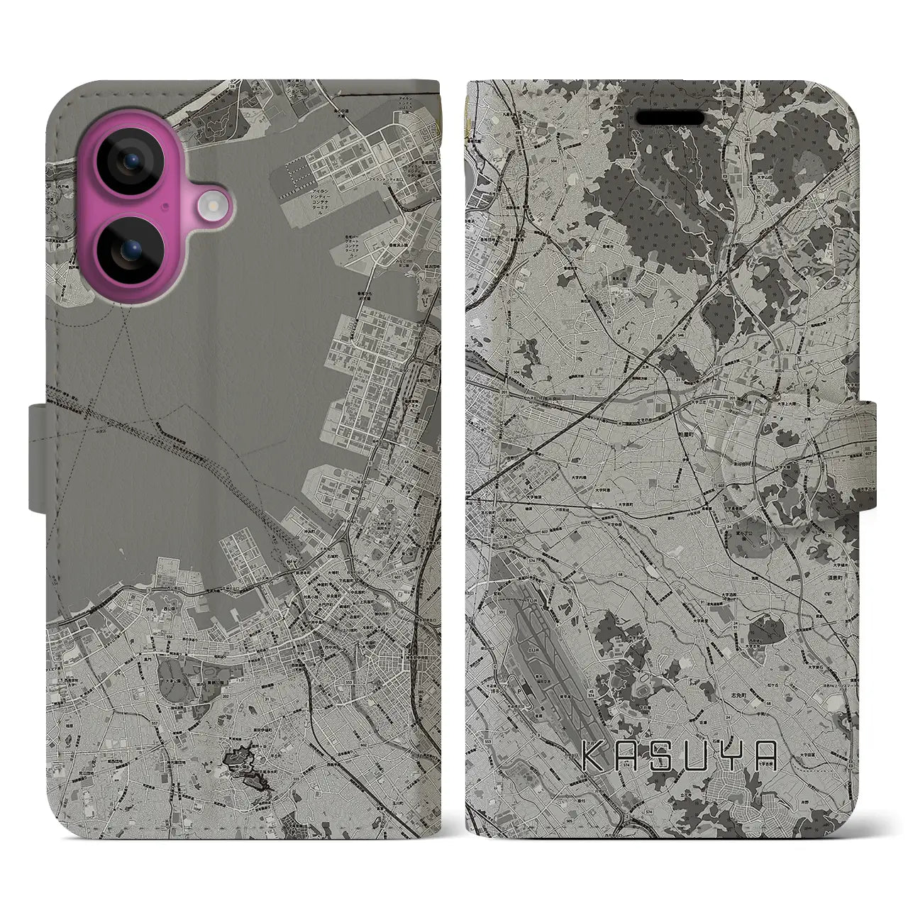 【粕屋(福岡県)】地図柄iPhoneケース(手帳タイプ)モノトーン・iPhone 16 Pro 用