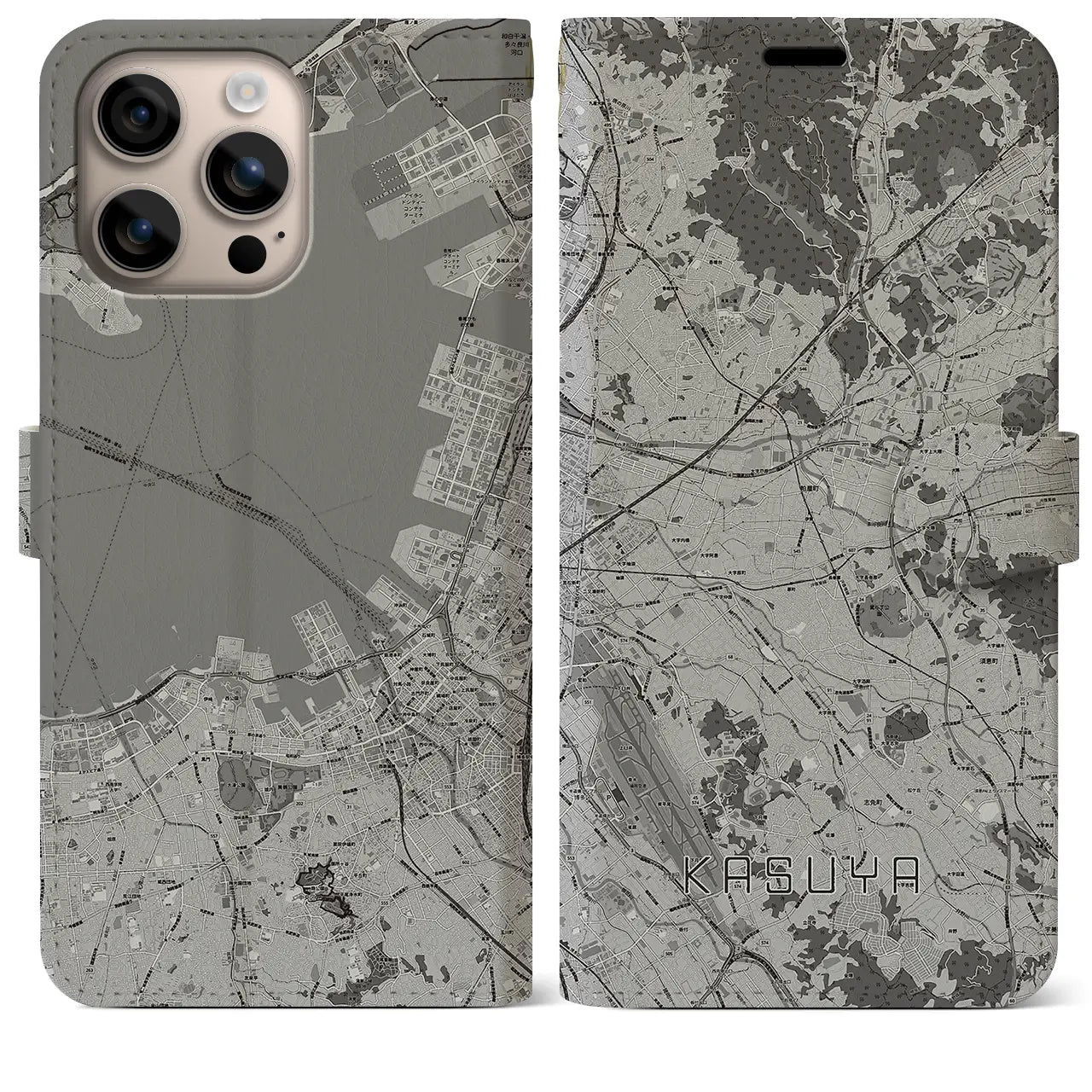 【粕屋(福岡県)】地図柄iPhoneケース(手帳タイプ)モノトーン・iPhone 16 Plus 用