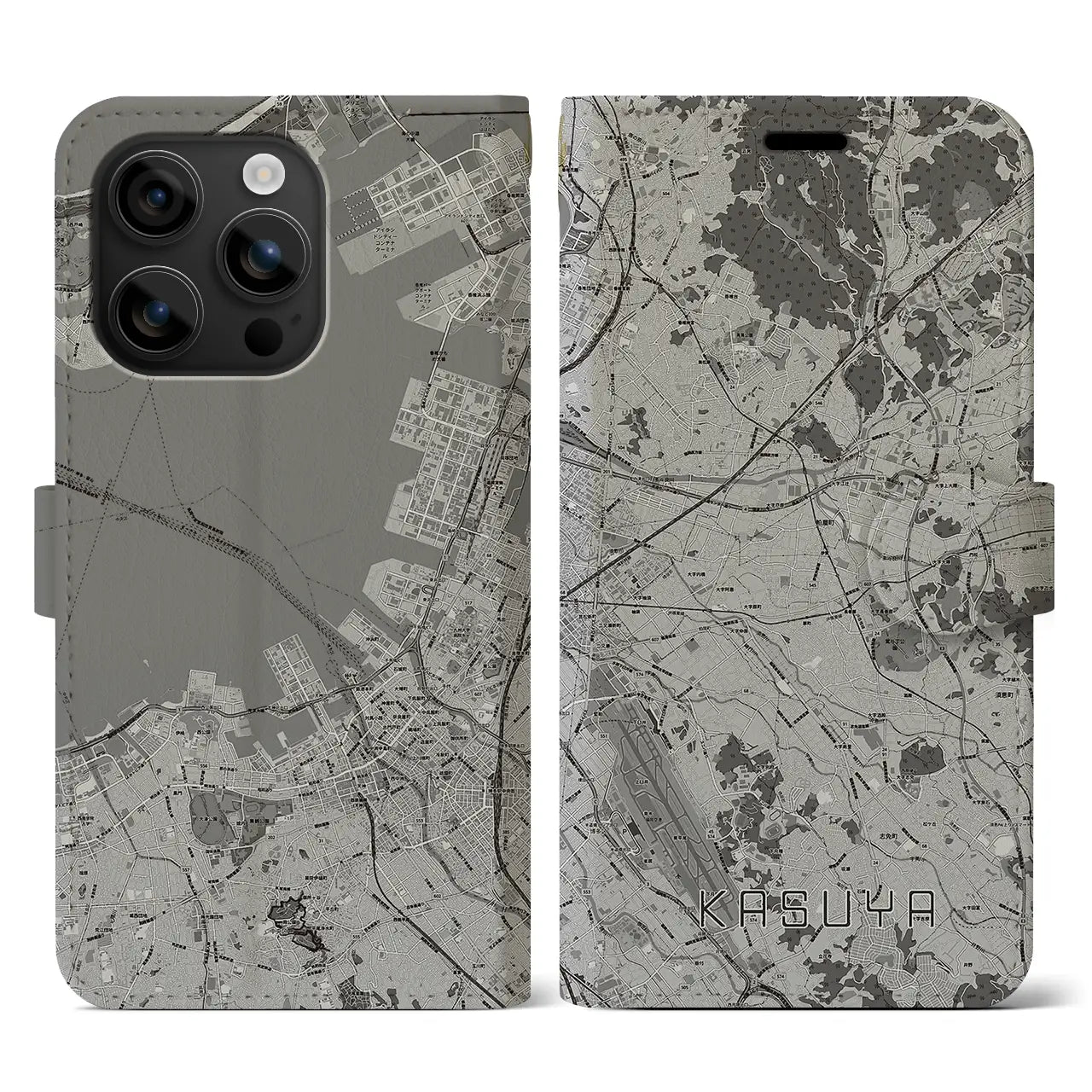 【粕屋(福岡県)】地図柄iPhoneケース(手帳タイプ)モノトーン・iPhone 16 用