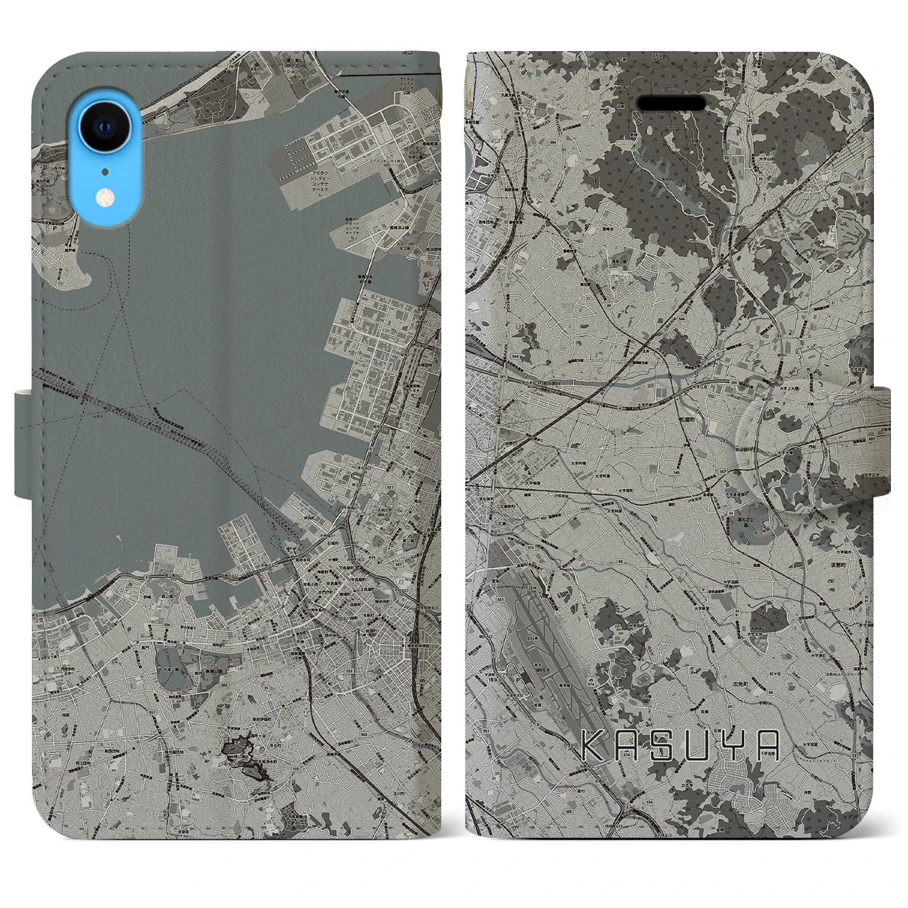 【粕屋(福岡県)】地図柄iPhoneケース(手帳タイプ)モノトーン・iPhone XR 用