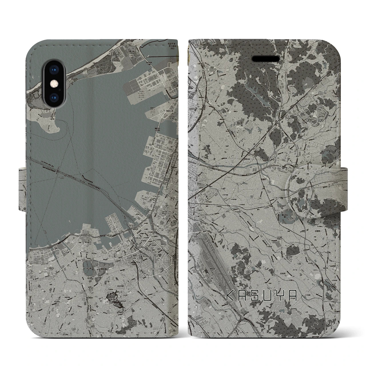 【粕屋(福岡県)】地図柄iPhoneケース(手帳タイプ)モノトーン・iPhone XS / X 用