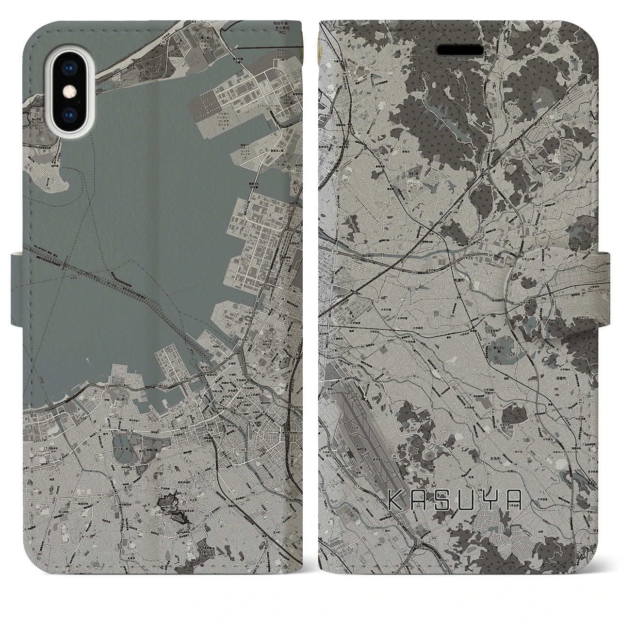 【粕屋(福岡県)】地図柄iPhoneケース(手帳タイプ)モノトーン・iPhone XS Max 用