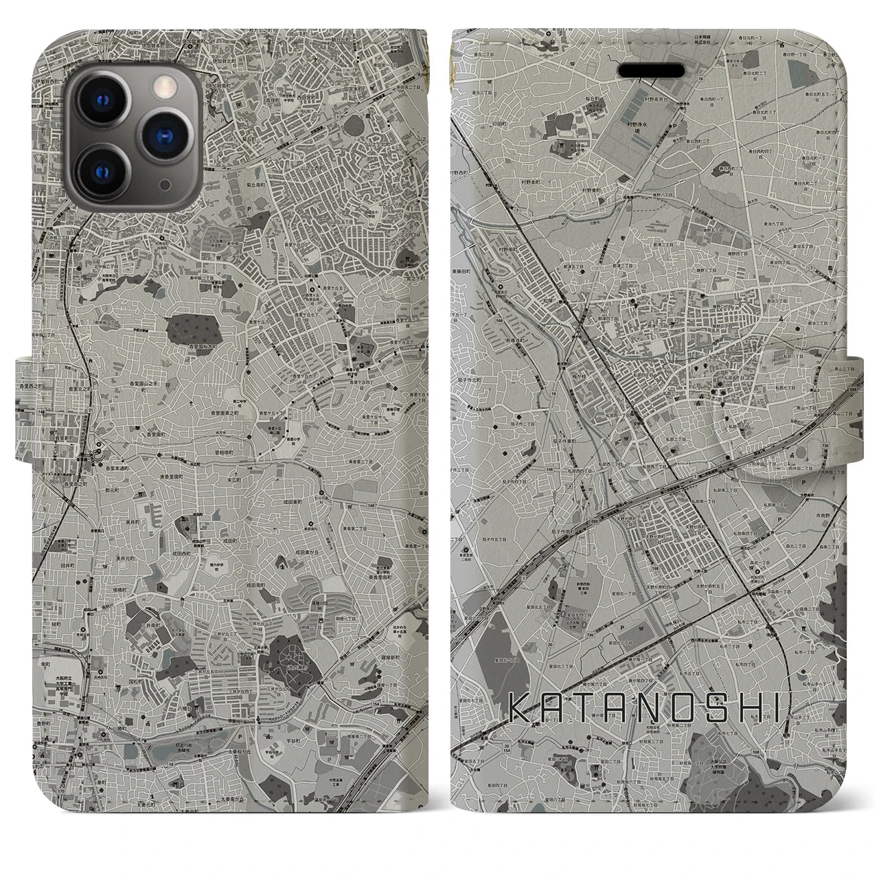 【交野市(大阪府)】地図柄iPhoneケース(手帳タイプ)モノトーン・iPhone 11 Pro Max 用