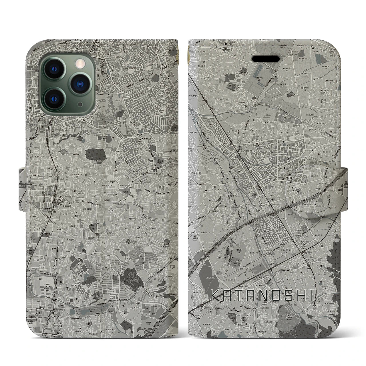 【交野市(大阪府)】地図柄iPhoneケース(手帳タイプ)モノトーン・iPhone 11 Pro 用