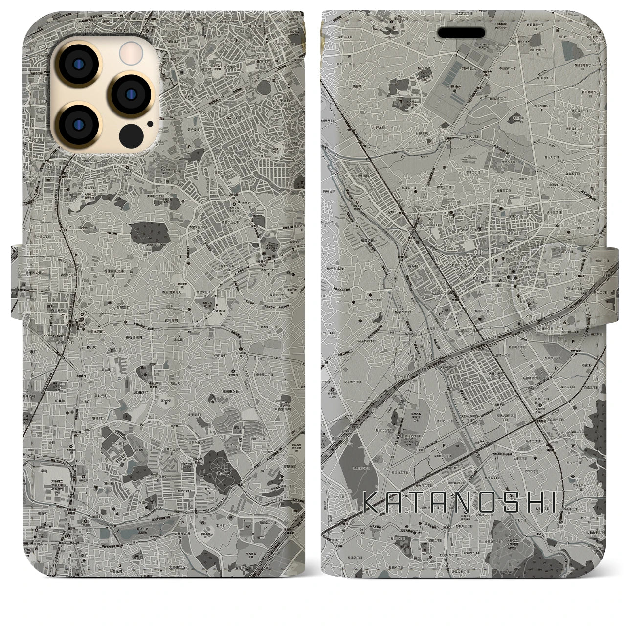 【交野市(大阪府)】地図柄iPhoneケース(手帳タイプ)モノトーン・iPhone 12 Pro Max 用