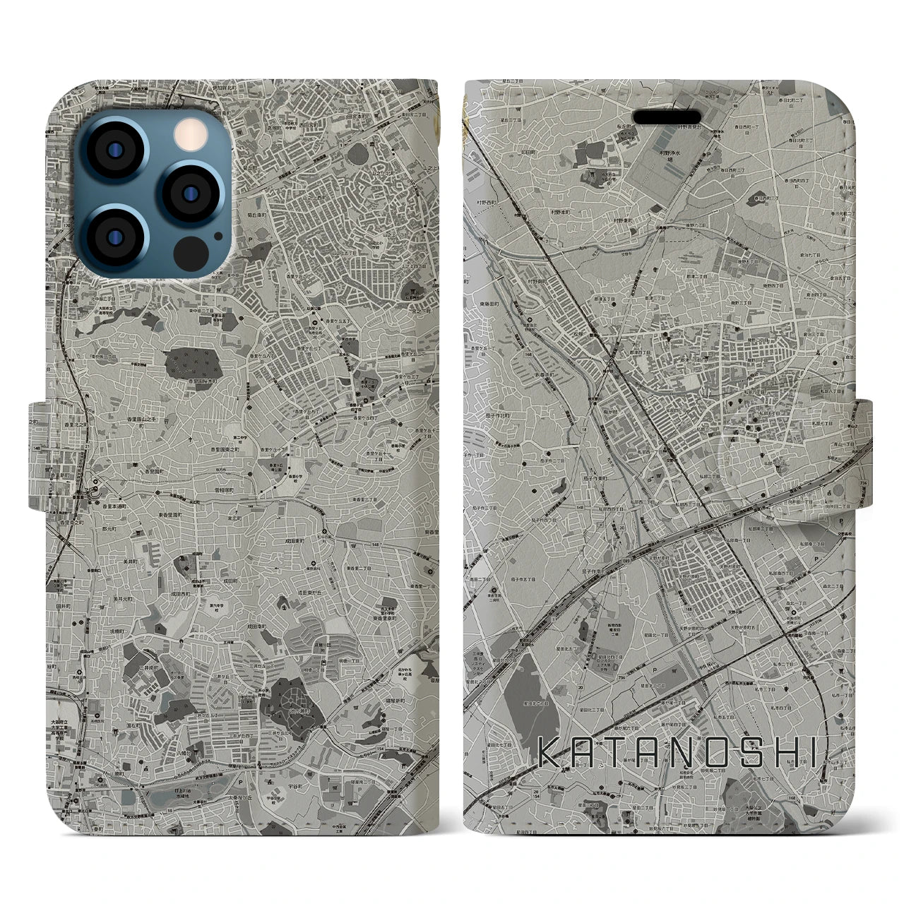 【交野市(大阪府)】地図柄iPhoneケース(手帳タイプ)モノトーン・iPhone 12 / 12 Pro 用