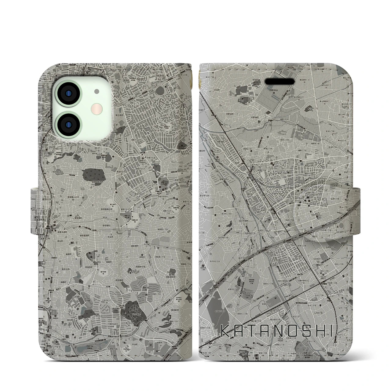 【交野市(大阪府)】地図柄iPhoneケース(手帳タイプ)モノトーン・iPhone 12 mini 用