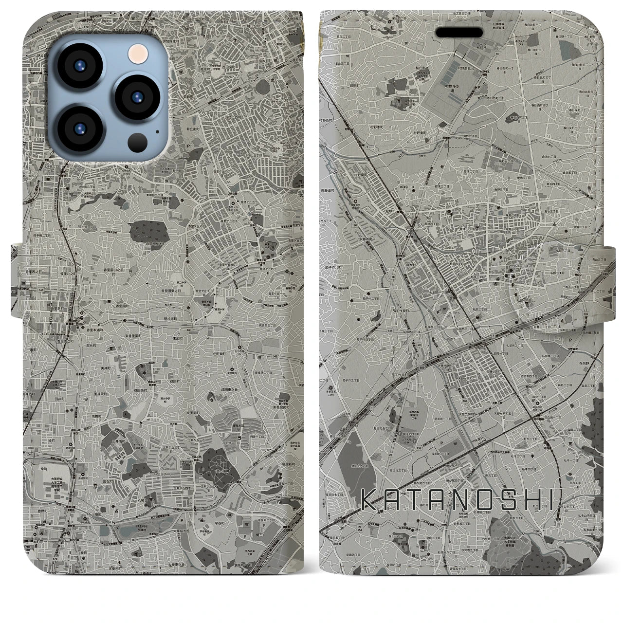 【交野市(大阪府)】地図柄iPhoneケース(手帳タイプ)モノトーン・iPhone 13 Pro Max 用