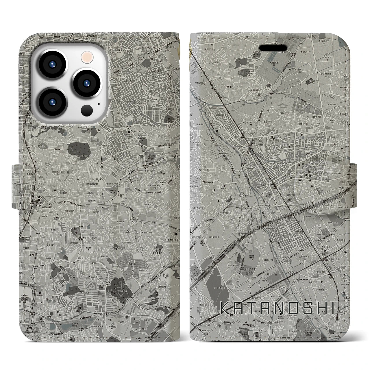 【交野市(大阪府)】地図柄iPhoneケース(手帳タイプ)モノトーン・iPhone 13 Pro 用