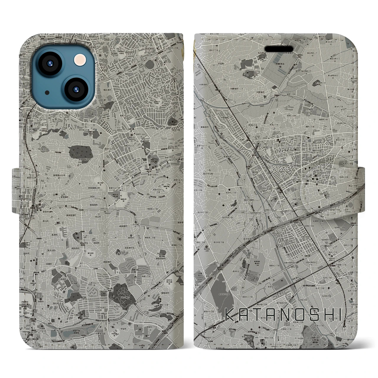 【交野市(大阪府)】地図柄iPhoneケース(手帳タイプ)モノトーン・iPhone 13 用