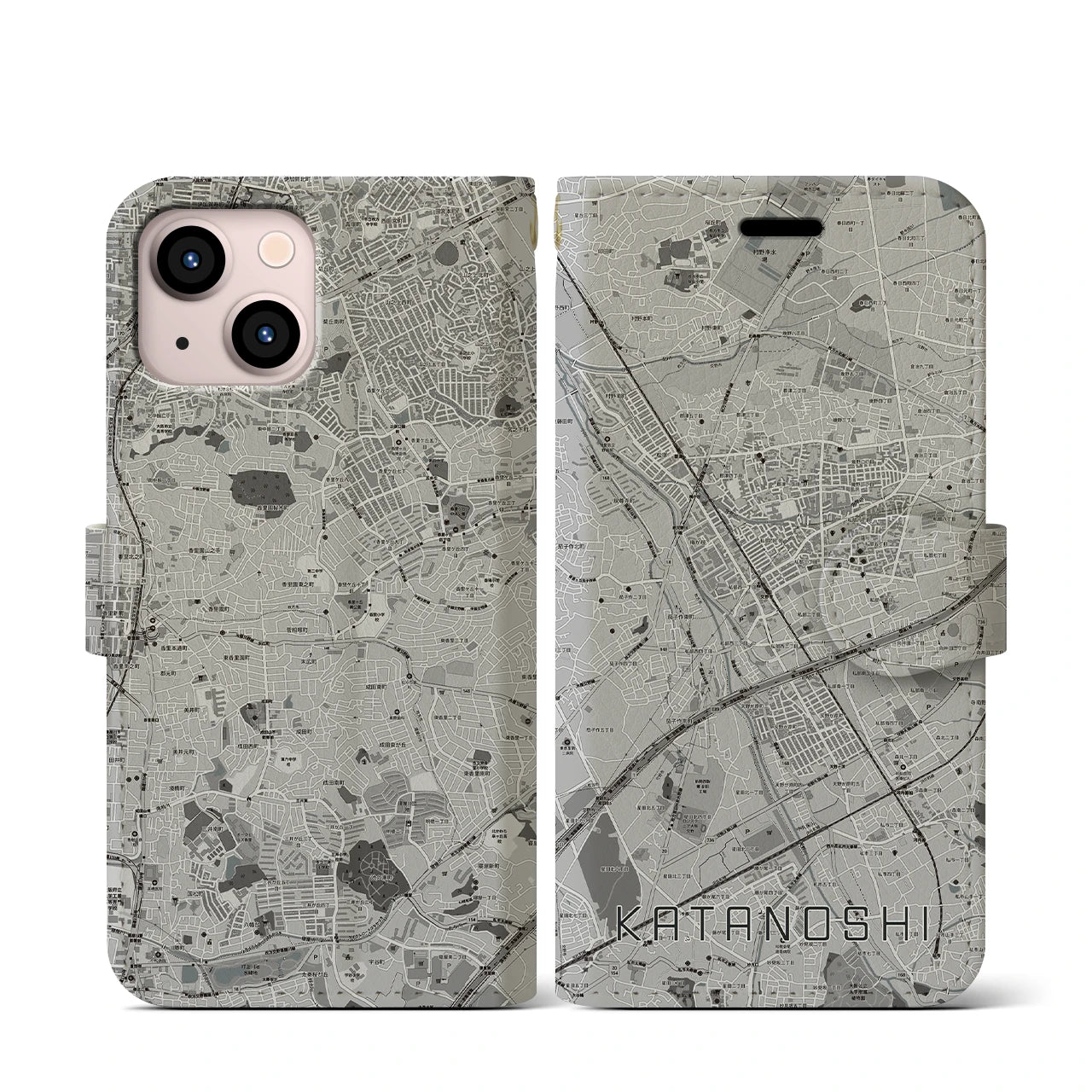 【交野市(大阪府)】地図柄iPhoneケース(手帳タイプ)モノトーン・iPhone 13 mini 用