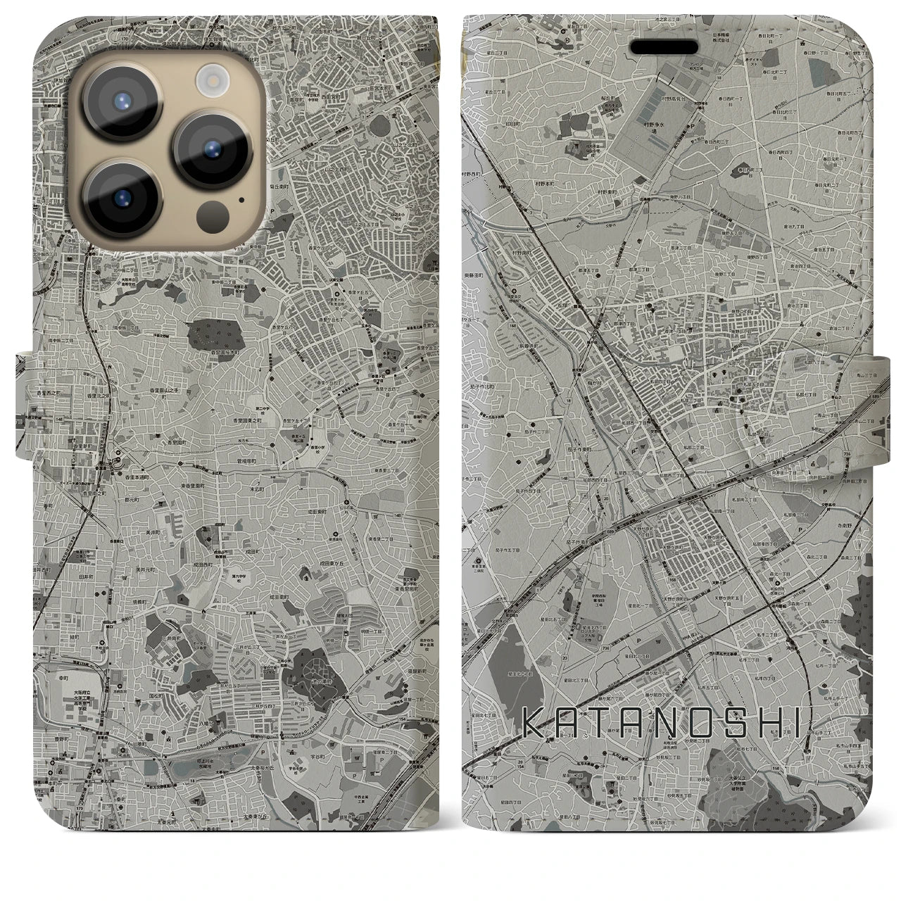【交野市(大阪府)】地図柄iPhoneケース(手帳タイプ)モノトーン・iPhone 14 Pro Max 用