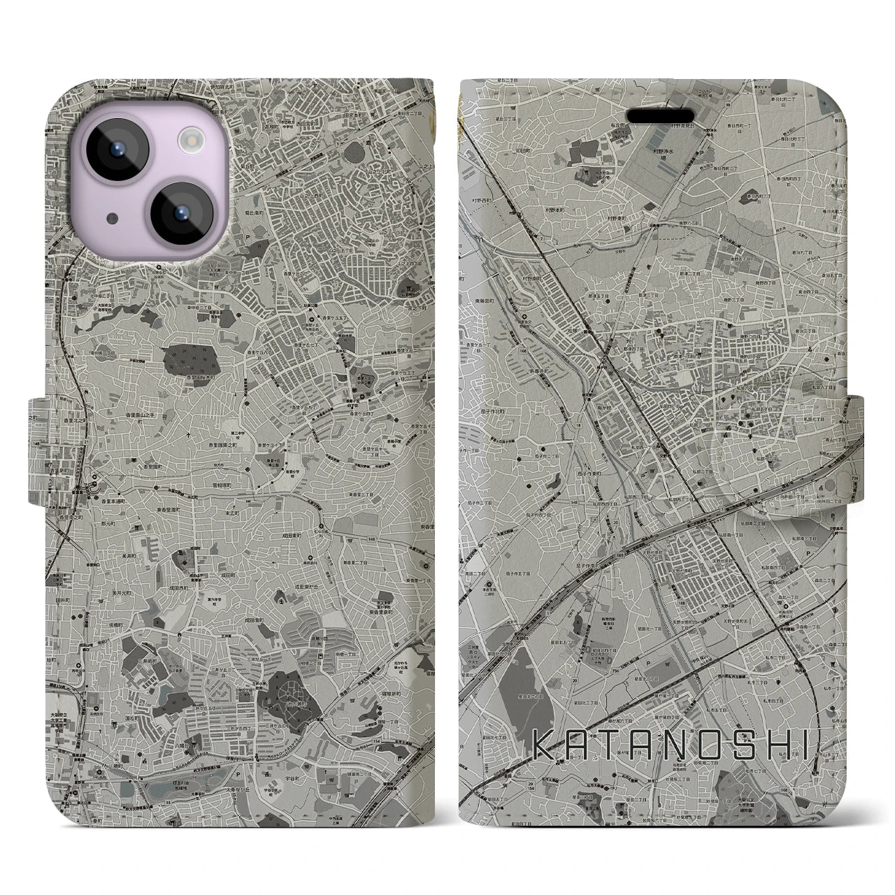【交野市(大阪府)】地図柄iPhoneケース(手帳タイプ)モノトーン・iPhone 14 用