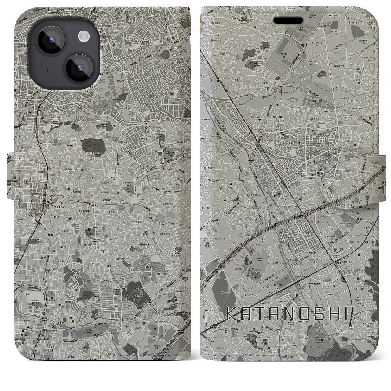 【交野市(大阪府)】地図柄iPhoneケース(手帳タイプ)モノトーン・iPhone 14 Plus 用