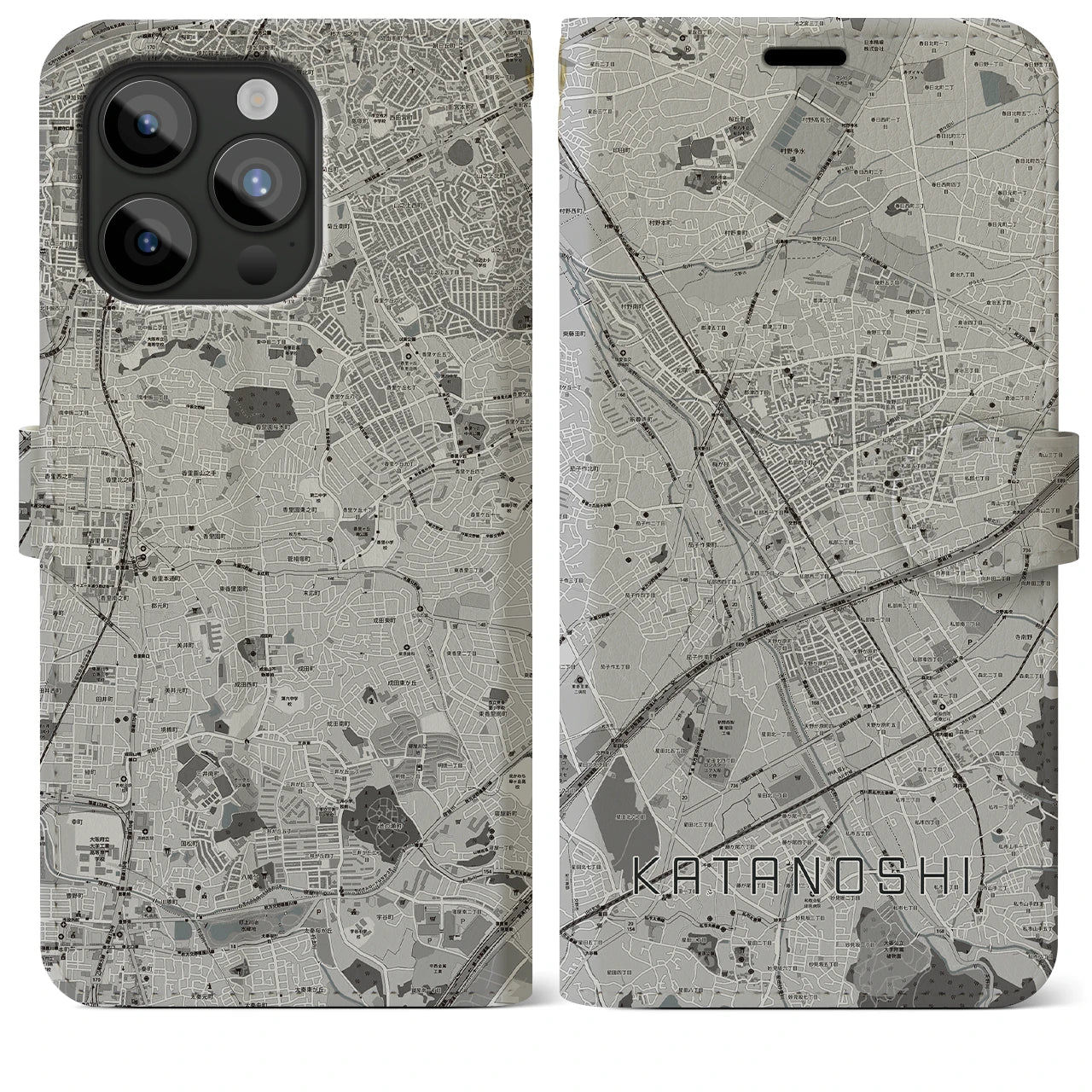 【交野市(大阪府)】地図柄iPhoneケース(手帳タイプ)モノトーン・iPhone 15 Pro Max 用