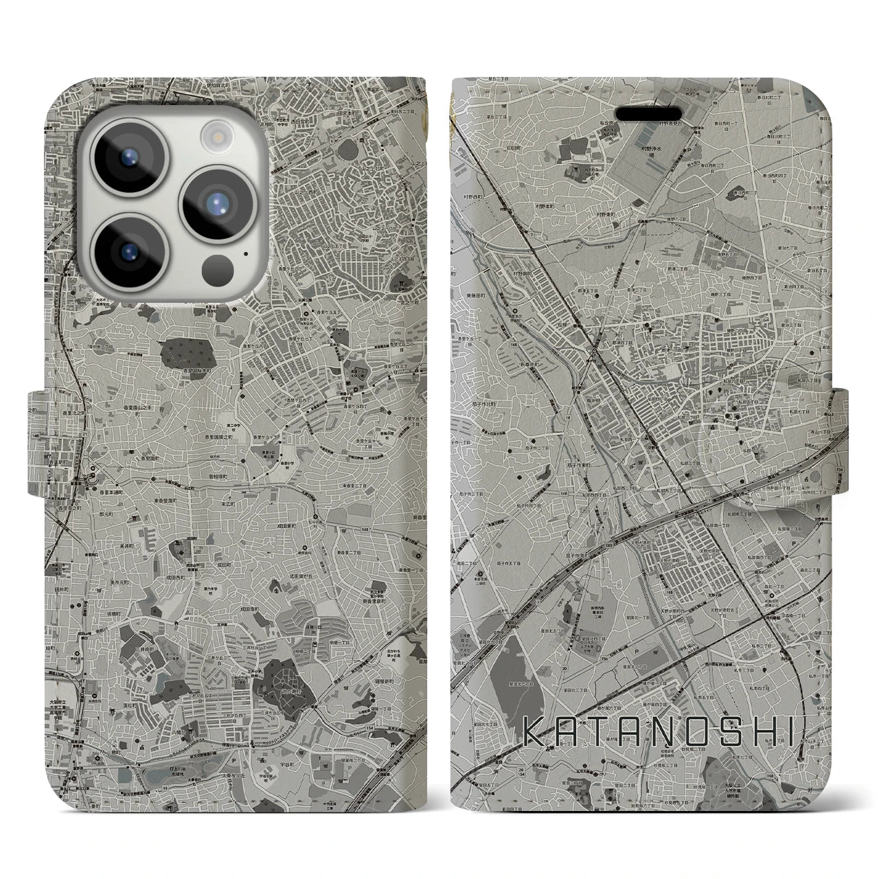 【交野市(大阪府)】地図柄iPhoneケース(手帳タイプ)モノトーン・iPhone 15 Pro 用